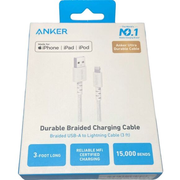 Anker 3ft Braided MFi Certified Lightning to USB-A Charging Cable – White - Picture 4 of 8